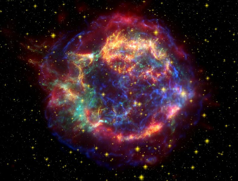 The Cassiopeia A supernova which left this remnant behind occurred about 11,000 light years away—much too far to pose a significant threat—and its wavefront likely reached Earth about 300 years ago.