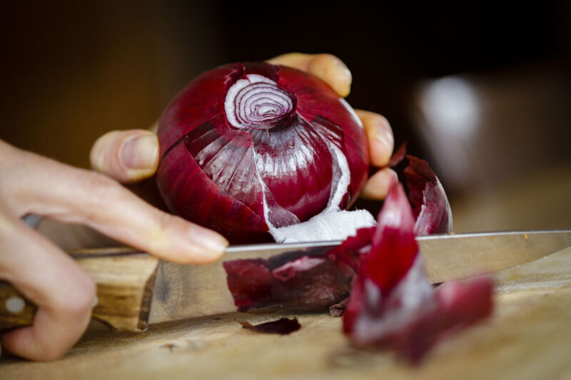 Close-up photograph of hand and knife chopping red onion.
