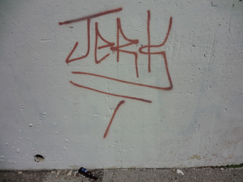 The word JERK has been spray-painted onto a wall over where someone has thoughtlessly left an empty beer bottle.