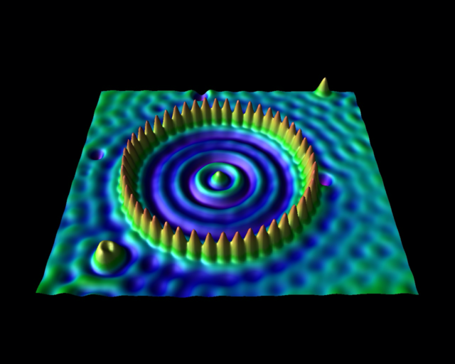 Una valla circular de 48 átomos de hierro (picos afilados) sobre una lámina de cobre.  Se puede ver claramente la onda de un electrón atrapado dentro del recinto.