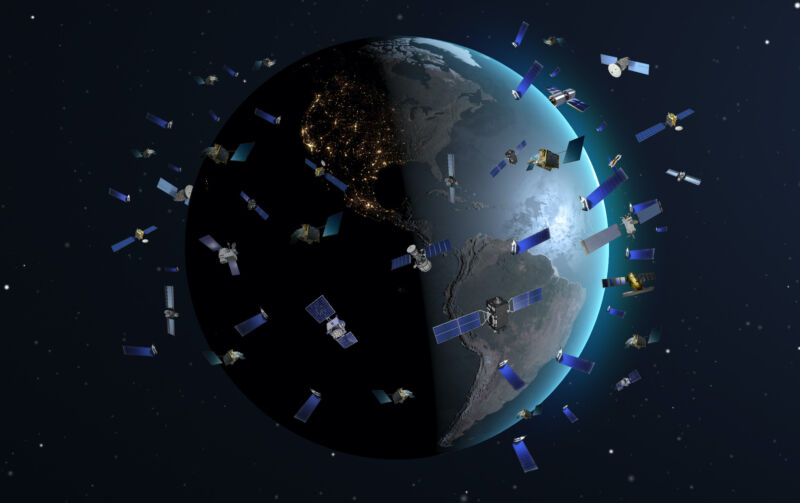 Ilustración de muchos satélites que orbitan la Tierra.