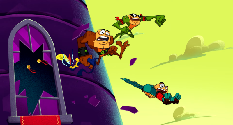 Battletoads midmission cut scene: three heroes jump out of a window