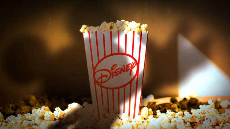 Disney logo adorns a container of movie theater popcorn.