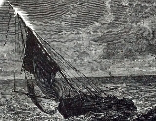 1883 illustration showing St. Elmo's fire on a ship at sea.