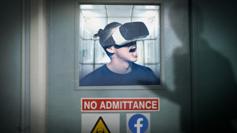 Doctored image of a young man in a VR headset being examined in a padded cell.