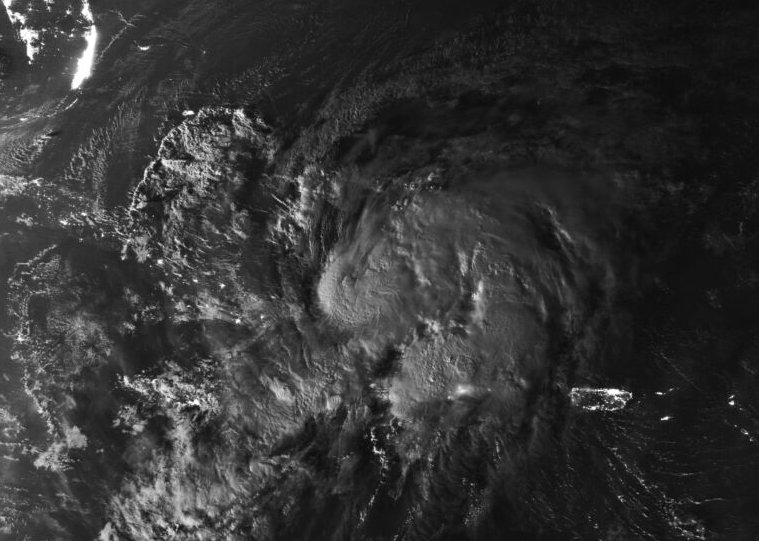 Satellite view of a storm over the ocean.