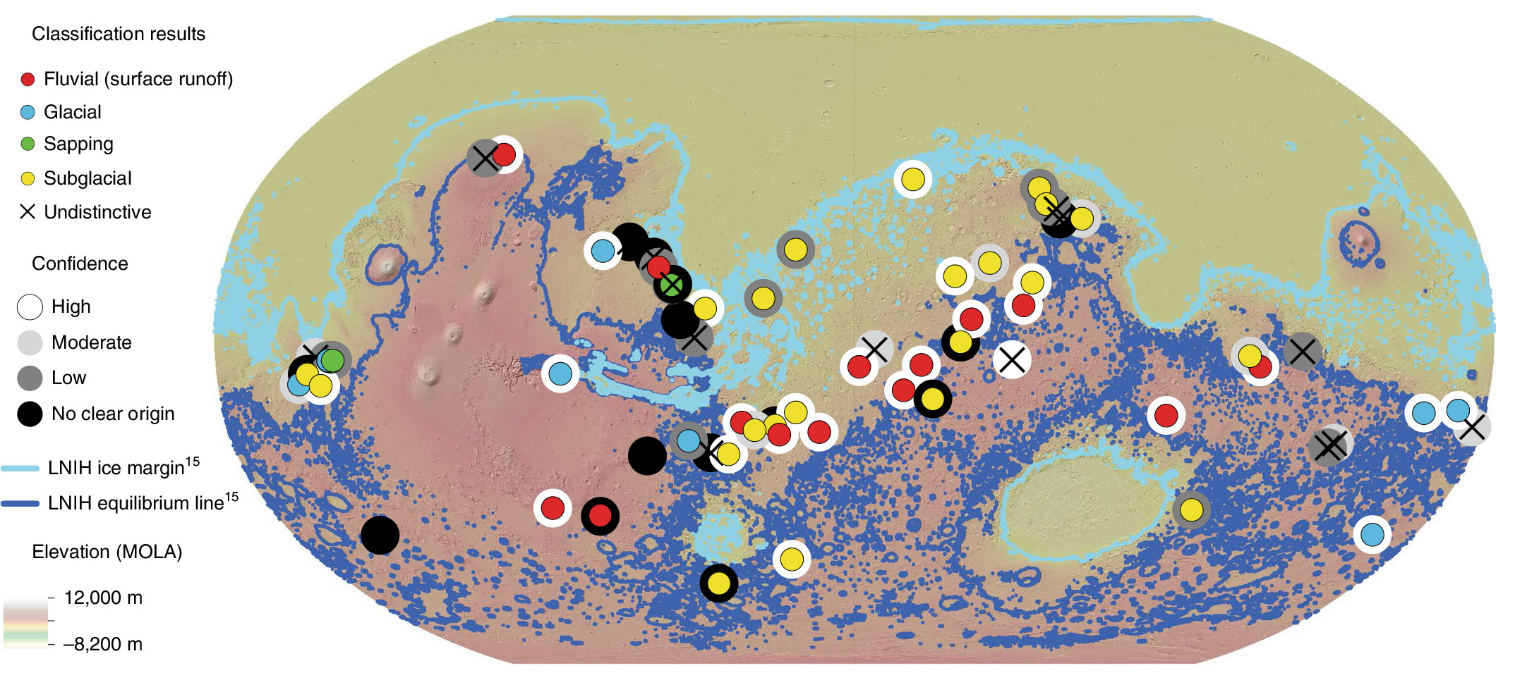 These are the networks of valleys that were analyzed. (Sapping refers to groundwater springs.) The blue lines show a previous ice sheet model, with subglacial drainage valleys falling between the light blue and dark blue outlines.