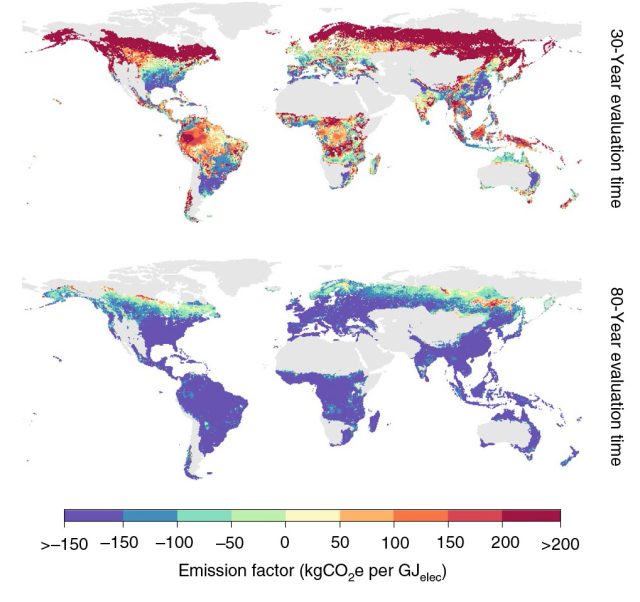 Here is where BECCS could overcome its initial carbon debt (negative numbers, cool colors) for 30-year and 80-year timeframes.