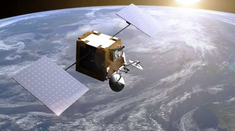 Illustration of a OneWeb satellite orbiting the Earth.