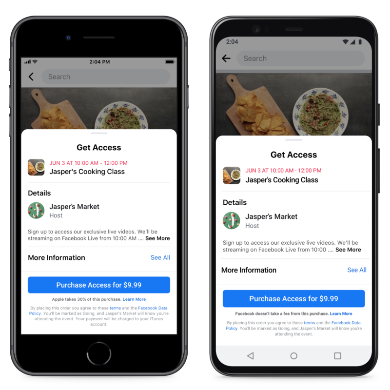 Facebook wanted the event purchase screen on iOS to look like the screenshot on the left. But Facebook says Apple nixed the idea.