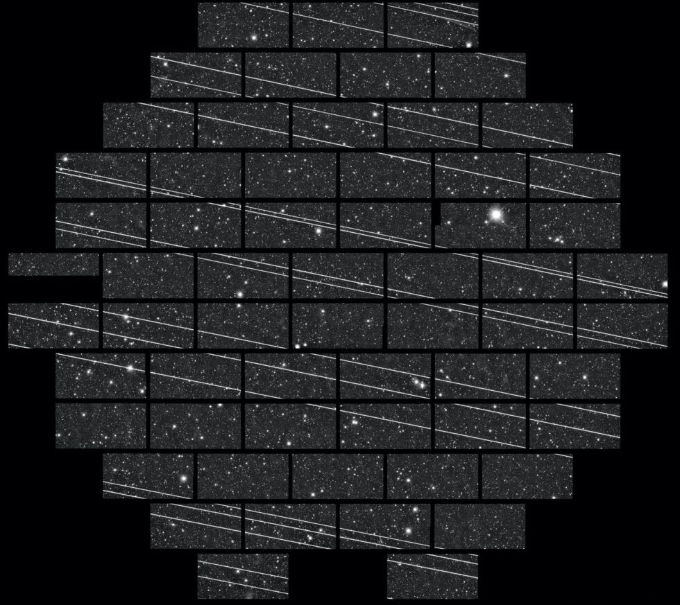 A wide-field image (2.2 degrees across) from the Dark Energy Camera on the Víctor M. Blanco 4-m telescope at the Cerro Tololo InterAmerican Observatory, taken on November 18, 2019. Several Starlink satellites crossed the field of view.