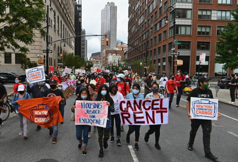 Protesters demonstrate during a 'No Evictions, No Police' national day of action protest against law enforcement who forcibly remove people from homes on September 1, 2020 in New York City.