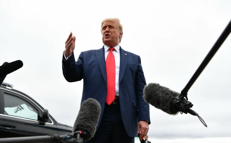 Trump speaks at Andrews Air Force Base on September 10, 2020, before boarding a flight for a campaign rally in Michigan.