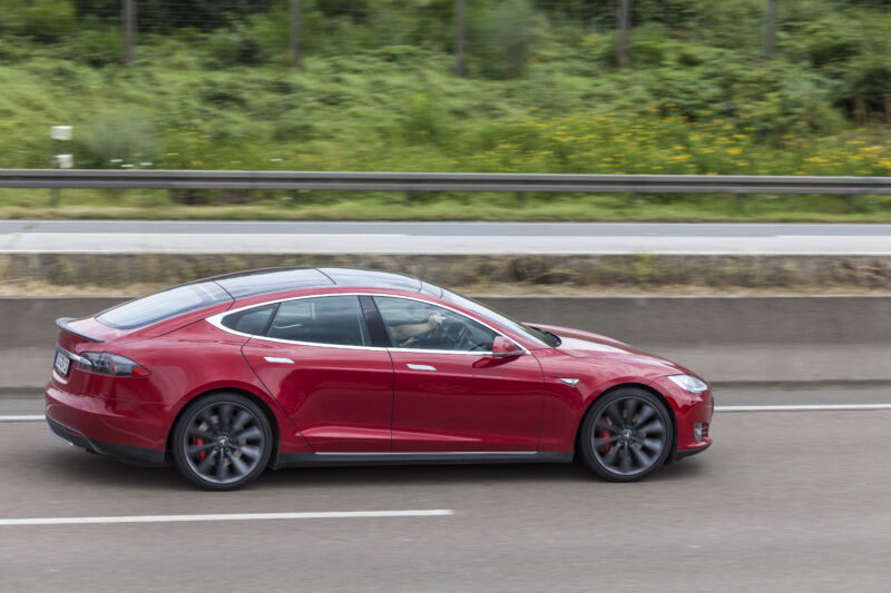 Frankfurt, Germany - July 12, 2016: Tesla Model S luxury electric sedan.