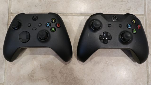 The latest Xbox Wireless Controller (left) next to an Xbox One gamepad (right).  The biggest changes to the new controller are a "share" button and a slightly redesigned d-pad.