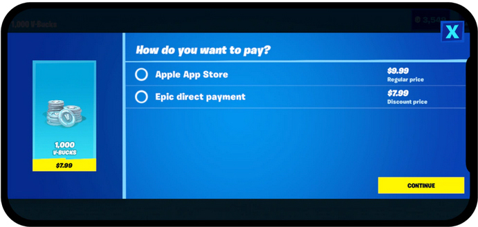 Apple says the example here, showing <em>Fortnite</em>'s alternative payment scheme on iOS, amounts to "theft" by Epic Games.