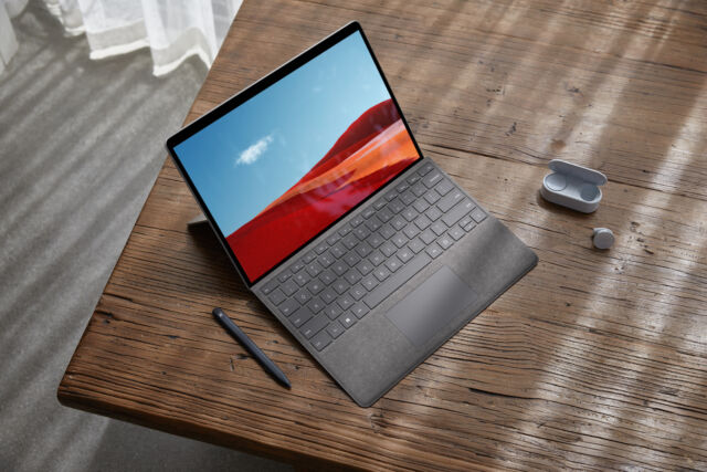 The Surface Pro X with optional Slim Pen and keyboard.