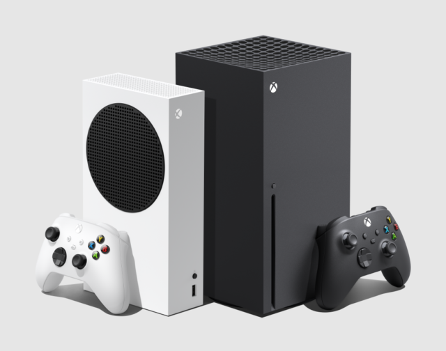 The lower-powered but still "next-gen" Xbox Series S (left) and the Xbox Series X (right).