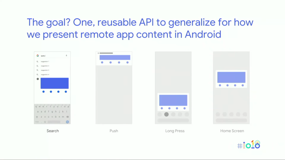Google's Slices API slide, which shows a slice working as a search result, a notification, a long-press icon UI and a homescreen widget. It's like modular UI code. 