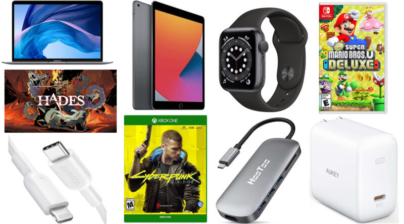 Collage of electronic consumer goods against a white background.