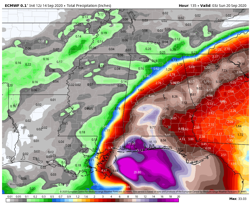 European model forecast of rain totals for now through Saturday. 