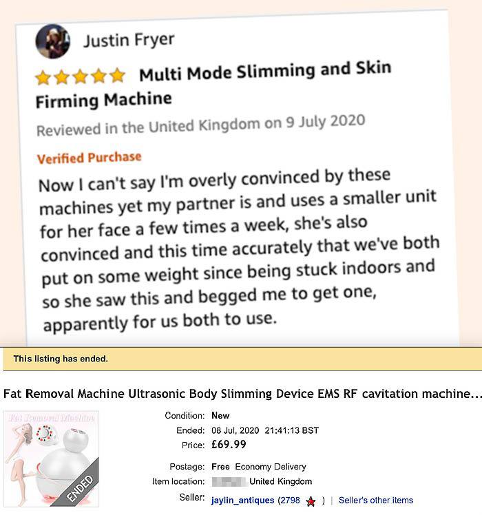 La revisión de Justin Fryer en Amazon y una lista de eBay de un artículo idéntico vendido desde su cuenta el día anterior.