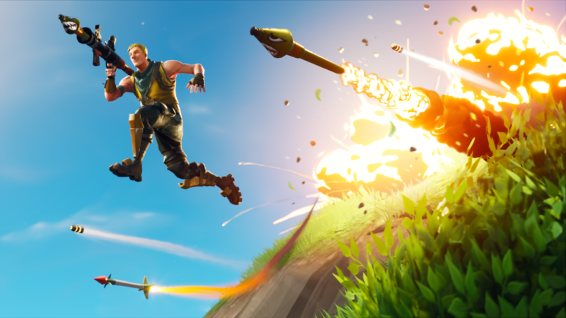 Promotional image from video game shows a man with a rocket launcher leaping away from numerous explosions.