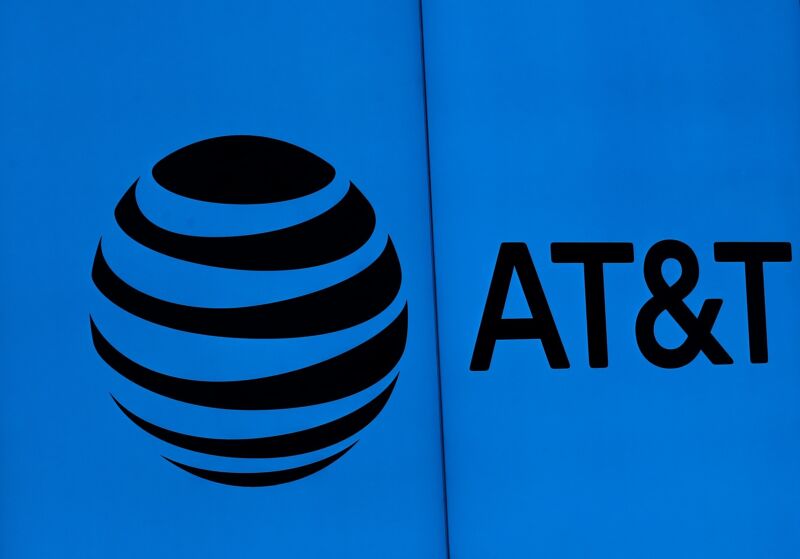 AT&T's logo pictured on a wall at its headquarters.