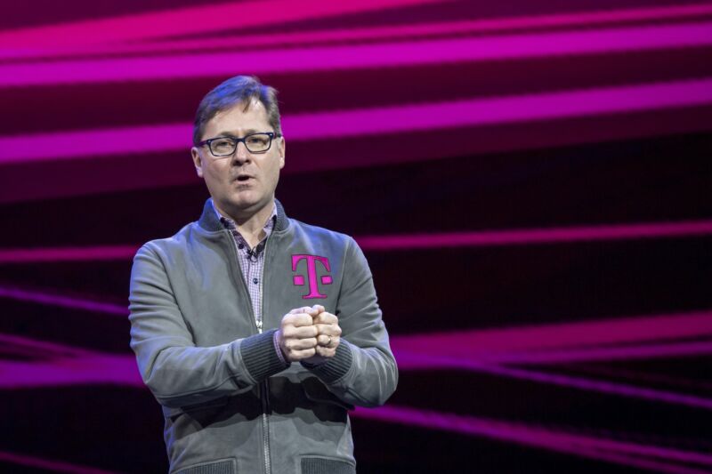 T-Mobile CEO Mike Sievert speaks during a keynote at CES 2020 in Las Vegas on Wednesday, Jan. 8, 2020.
