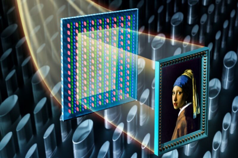 An illustration of how millions of nanopillars were used to control both the color and intensity of incident light, projecting a faithful reproduction of Johannes Vermeer's <em>Girl With a Pearl Earring</em>.