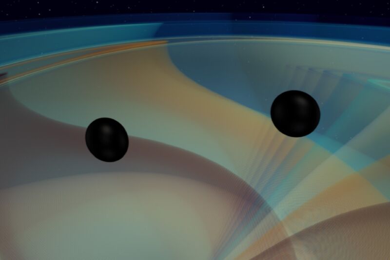 Ilustración artística de una fusión de agujeros negros.  Nuevas simulaciones sugieren que los agujeros negros en colisión deberían emitir no uno, sino múltiples indicadores "chirridos" cuando la colisión se observa desde el "ecuador" del agujero negro final.