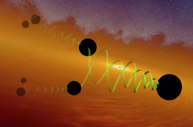 Artist's concept of a hierarchical scheme for merging black holes. Scientists hypothesize that the two black holes were themselves the result of an earlier merger of two smaller black holes.