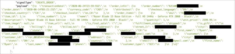 This redacted sample record from the leaked Elasticsearch data shows someone's June 24 purchase of a $2,600 gaming laptop.