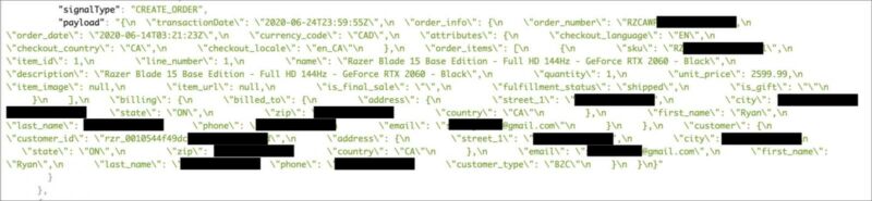 This redacted sample record from the leaked Elasticsearch data shows someone