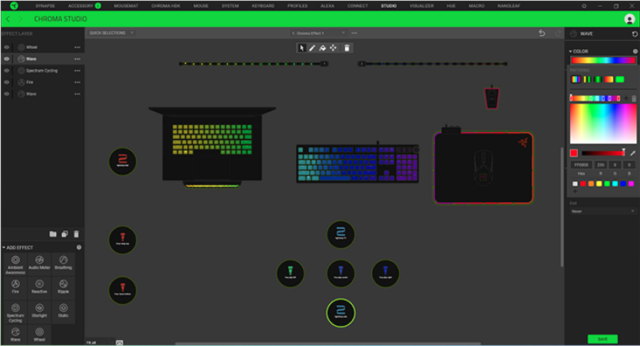 This screenshot of Synapse 3's interface shows a user configuring the RGB backlighting on all of their Razer gear.