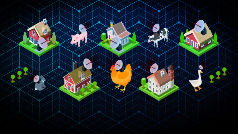 5G Wireless Technology - Collage of cartoon animals and houses, all with satellite dishes.