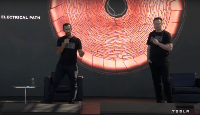 Elon Musk and Drew Baglino present in front of a slide showing Tesla's new "tabless" cell design.