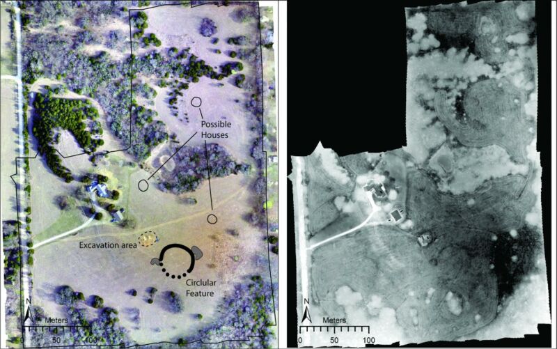 On the left, the newly discovered earthwork and a few possible houses are marked on an aerial image of the site. On the left, you can see the outline of the circular earthwork in the thermal image.