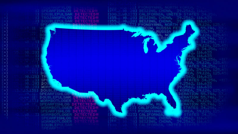 United States Map - State with glow with malicious code background in a 1970 dot matrix font on a computer screen. 8K Resolution ready.