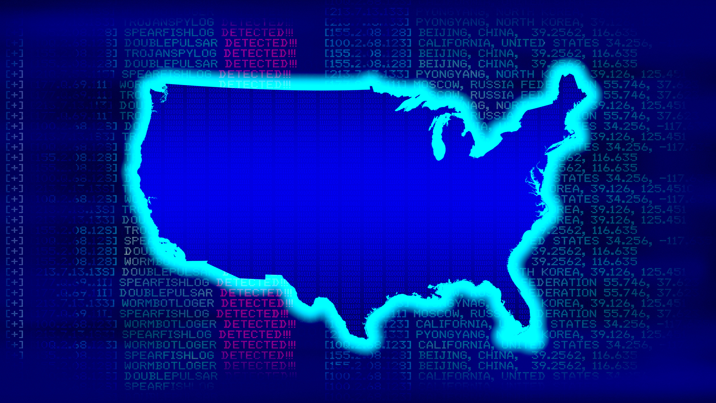 United States Map - State with glow with malicious code background in a 1970 dot matrix font on a computer screen. 8K Resolution ready.