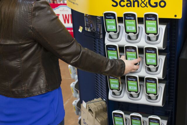 The 2018 trial of Scan&amp;Go offered customers dedicated loaner devices in kiosks like these. The new Scan&amp;Go will likely be via downloaded app only.