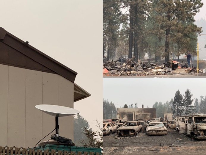 Pictures of a SpaceX broadband-satellite dish and wildfire-ravaged areas of Washington State.