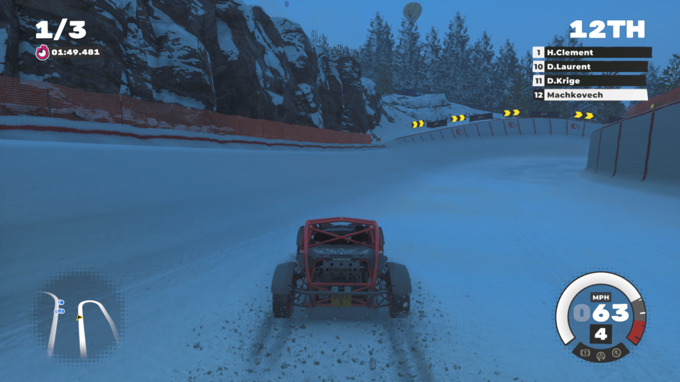 A snow-covered <em>DiRT 5</em> racetrack in the game's "120 fps" mode, which scales back heavily on effects like snowy tread marks.