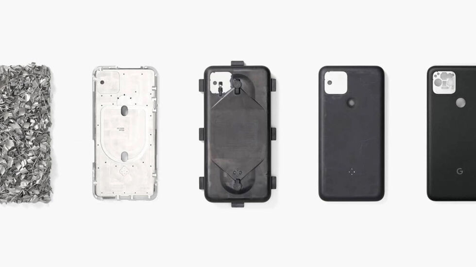 Google's image showing the steps in the build process of the Pixel 5. The second from the left shows the bare aluminum case, which has a bunch of holes punched into it for wireless charging and mmWave.  From there it goes into a mold and is covered with resin.