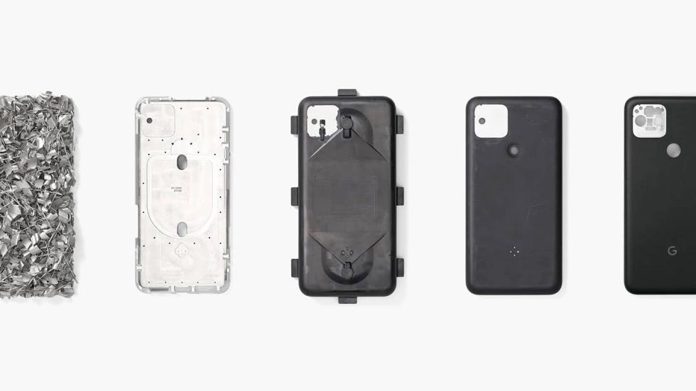 L'Image De Google Montrant Les Étapes Du Processus De Création Du Pixel 5.  Le Deuxième À Partir De La Gauche Montre Le Corps En Aluminium Nu, Qui A Une Tonne De Trous Percés Pour Le Chargement Sans Fil Et Mmwave.  De Là, Il Entre Dans Un Moule Et Se Recouvre De Résine.