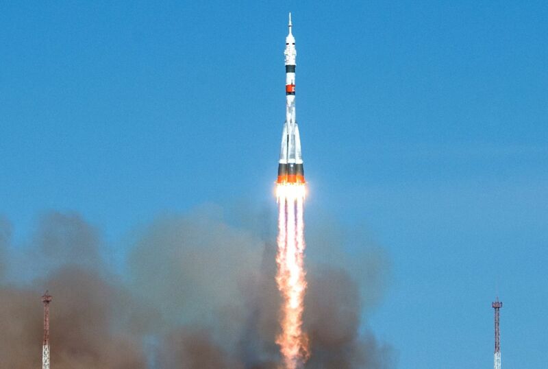 The Soyuz MS-17 rocket is launched with Expedition 64 Russian cosmonauts Sergey Ryzhikov and Sergey Kud-Sverchkov of Roscosmos and NASA astronaut Kate Rubins, on Oct. 14, 2020.