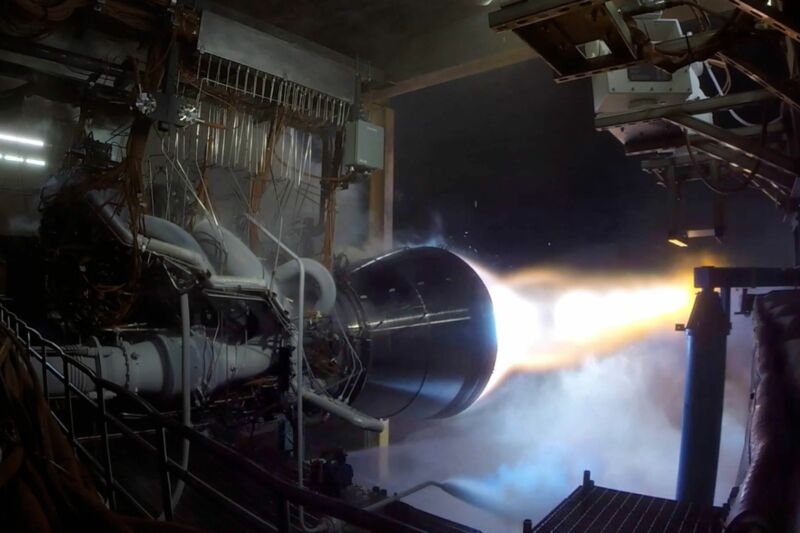 A BE-4 rocket engine undergoes tests in West Texas.