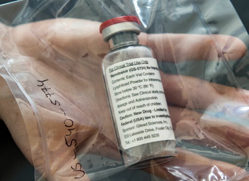 A vial of Remdesivir during a press conference about the start of a study with severely COVID-19 patients in Hamburg, Germany on April 8, 2020.