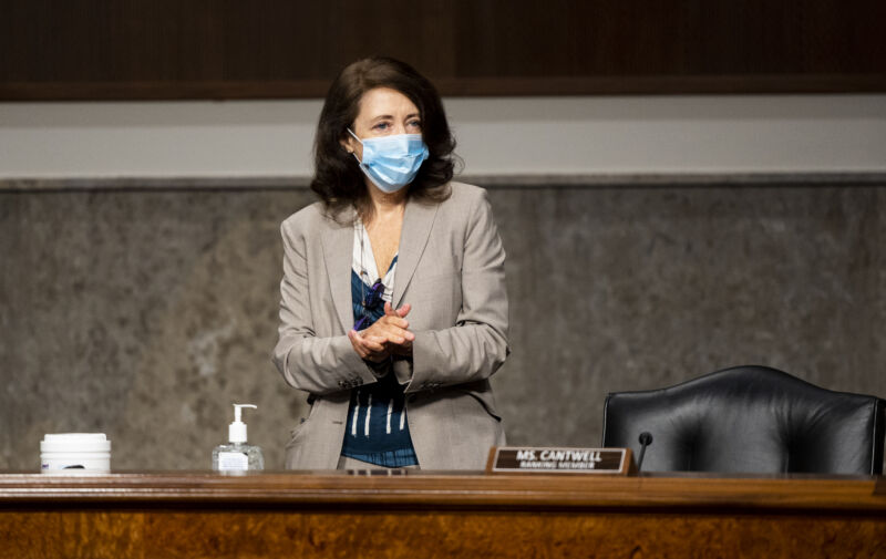 Sen. Maria Cantwell (D-Wash.) at a Senate hearing on The State of Broadband Amid the COVID-19 Pandemic, on Wednesday, May 13, 2020.