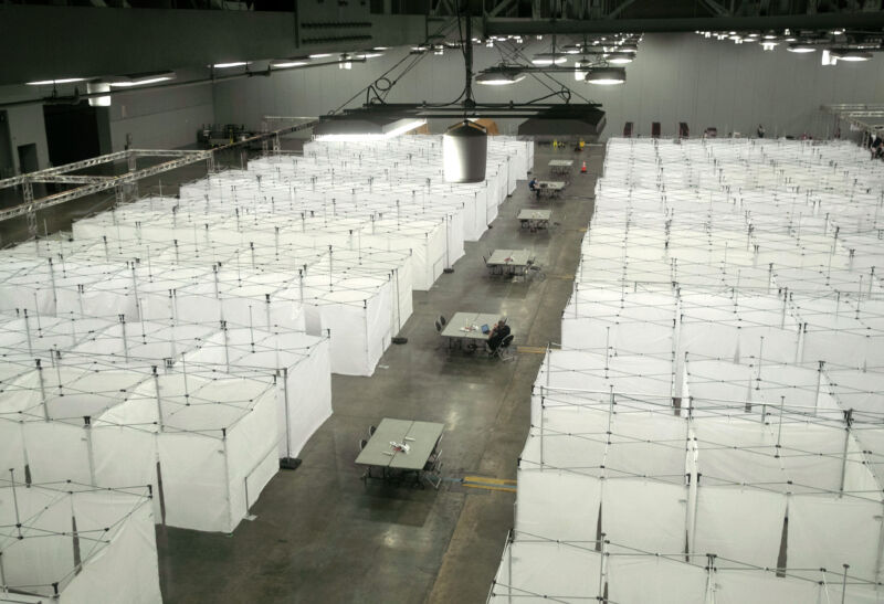 Some 250 Covid-19 isolation bays stand at the ready at the Austin Convention Center on August 07, 2020 in Austin, Texas. The cavernous facility was prepared for use as a field hospital for Covid-19 patients.